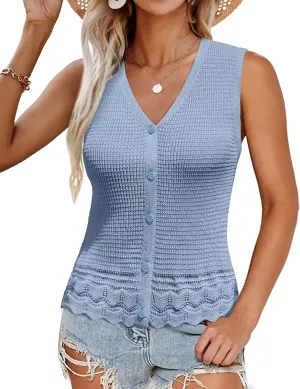 GRACE KARIN Womens Spring Summer Sweater Vest 2025 Casual Knit Sleeveless V Neck Button Down Crochet Crop Tank Tops
