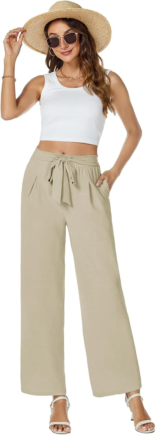 Gracyoga Womens Wide Leg Pants High Waisted Flowy Tie Knot Trousers Business Casual Outfits with Pockets