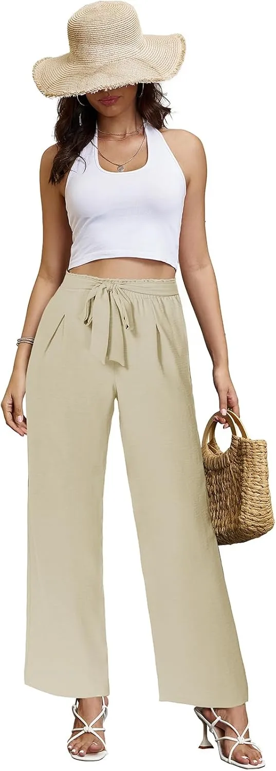 Gracyoga Womens Wide Leg Pants High Waisted Flowy Tie Knot Trousers Business Casual Outfits with Pockets
