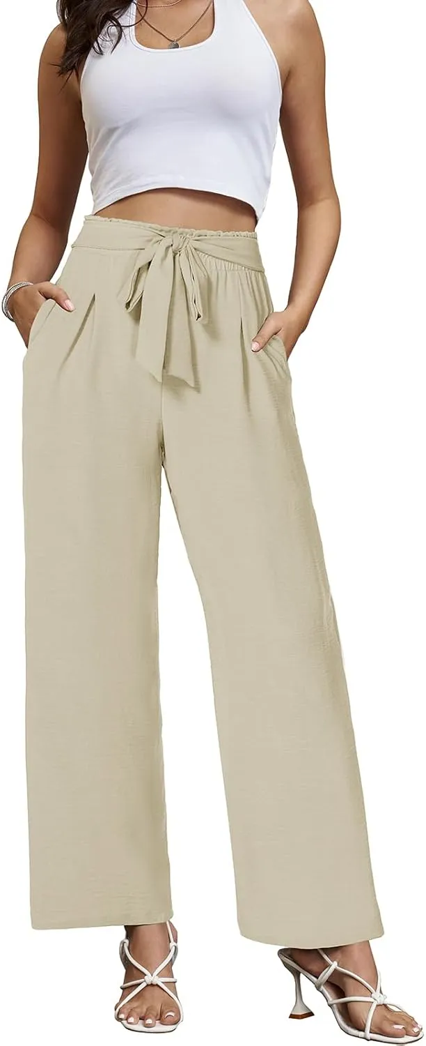 Gracyoga Womens Wide Leg Pants High Waisted Flowy Tie Knot Trousers Business Casual Outfits with Pockets