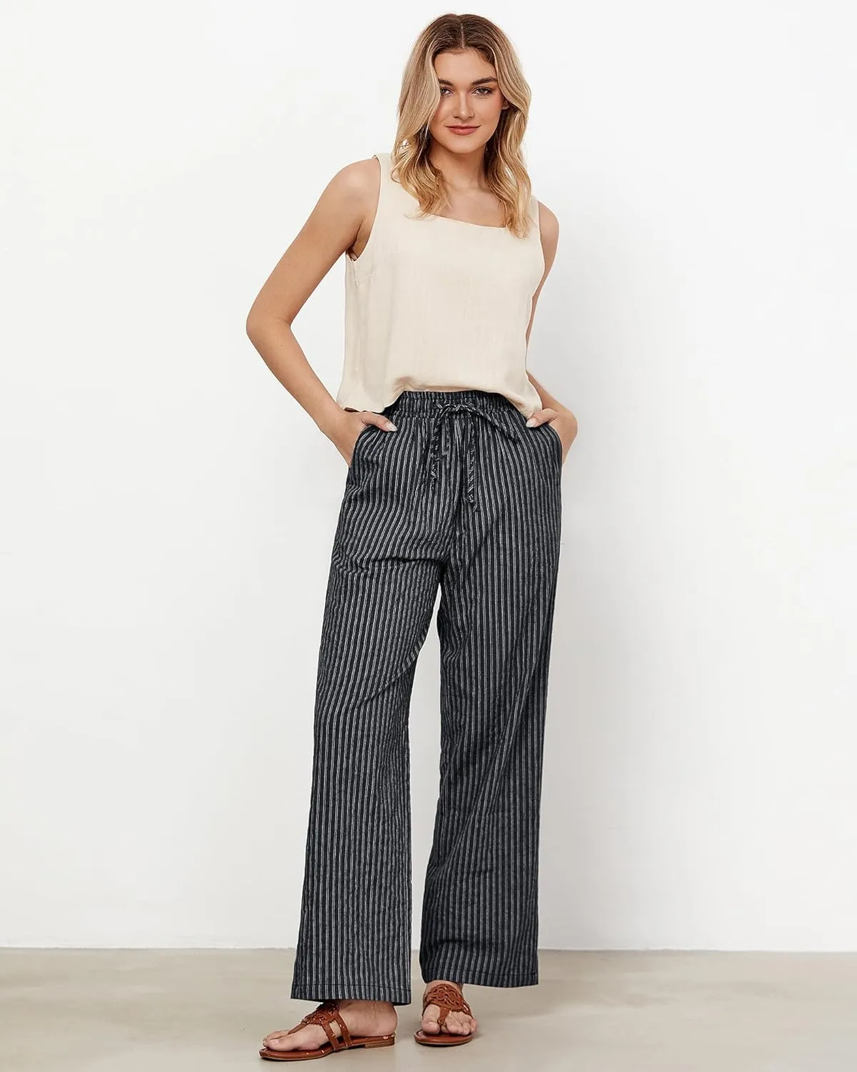 GRAPENT Striped Pants for Women High Waisted Wide Leg Cotton Linen Trendy Beach Pull On Elastic Waist Casual Flowy Pants
