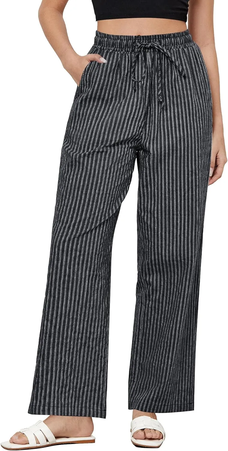 GRAPENT Striped Pants for Women High Waisted Wide Leg Cotton Linen Trendy Beach Pull On Elastic Waist Casual Flowy Pants