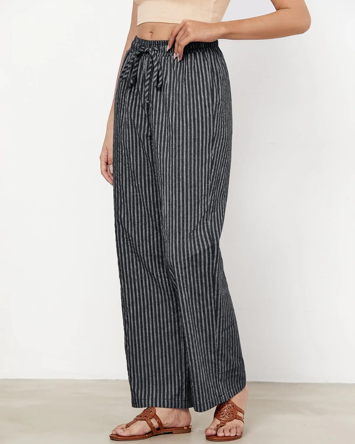 GRAPENT Striped Pants for Women High Waisted Wide Leg Cotton Linen Trendy Beach Pull On Elastic Waist Casual Flowy Pants