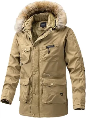Haitpant Mens Winter Long Parkas Fleece Liner Hooded Jacket Thick Windbreaker Multi Pockets Cotton Padded Warm Coats