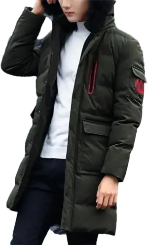 Haitpant Winter Thick Warm Parka Men Hooded Jacket Mid-Length Cotton Padded Coat Fur Collar Long Sleeve Slim Windbreaker