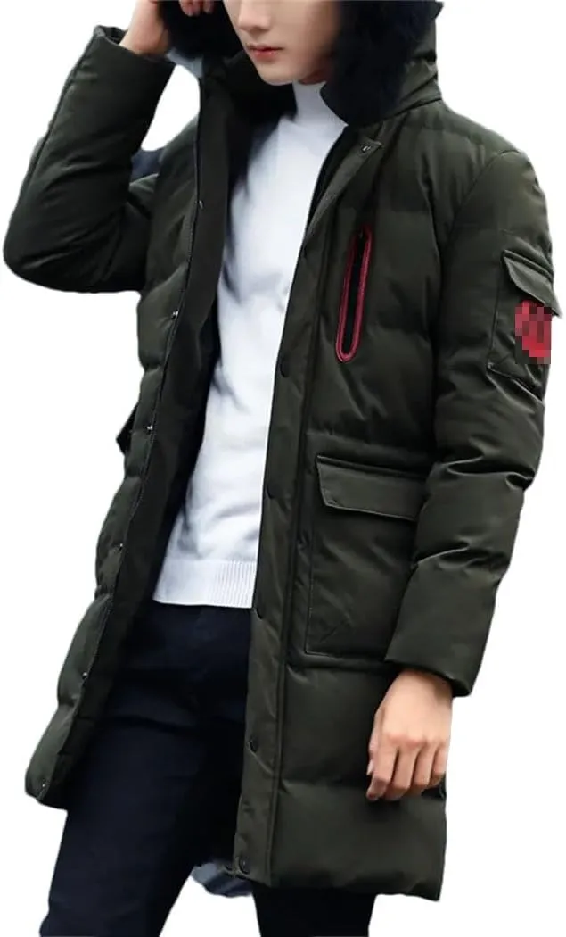Haitpant Winter Thick Warm Parka Men Hooded Jacket Mid-Length Cotton Padded Coat Fur Collar Long Sleeve Slim Windbreaker