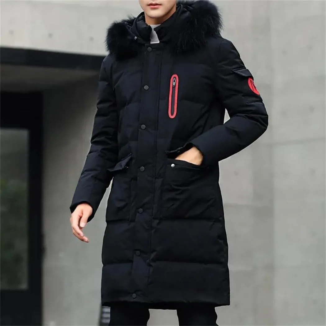 Haitpant Winter Thick Warm Parka Men Hooded Jacket Mid-Length Cotton Padded Coat Fur Collar Long Sleeve Slim Windbreaker