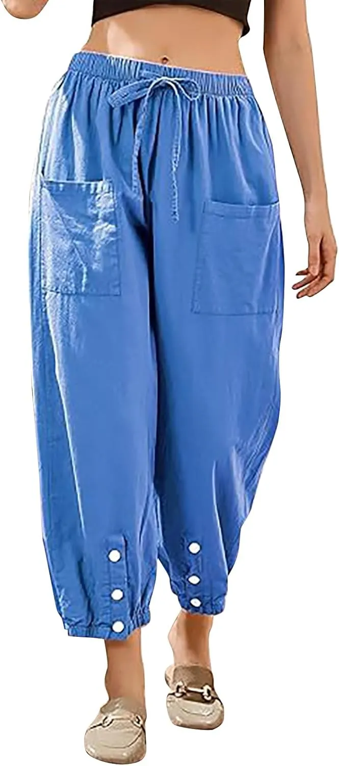 High Rise Linen Pants Women Summer Womens Linen Pant Long Length Tall Womans Drawstring Capris Trousers