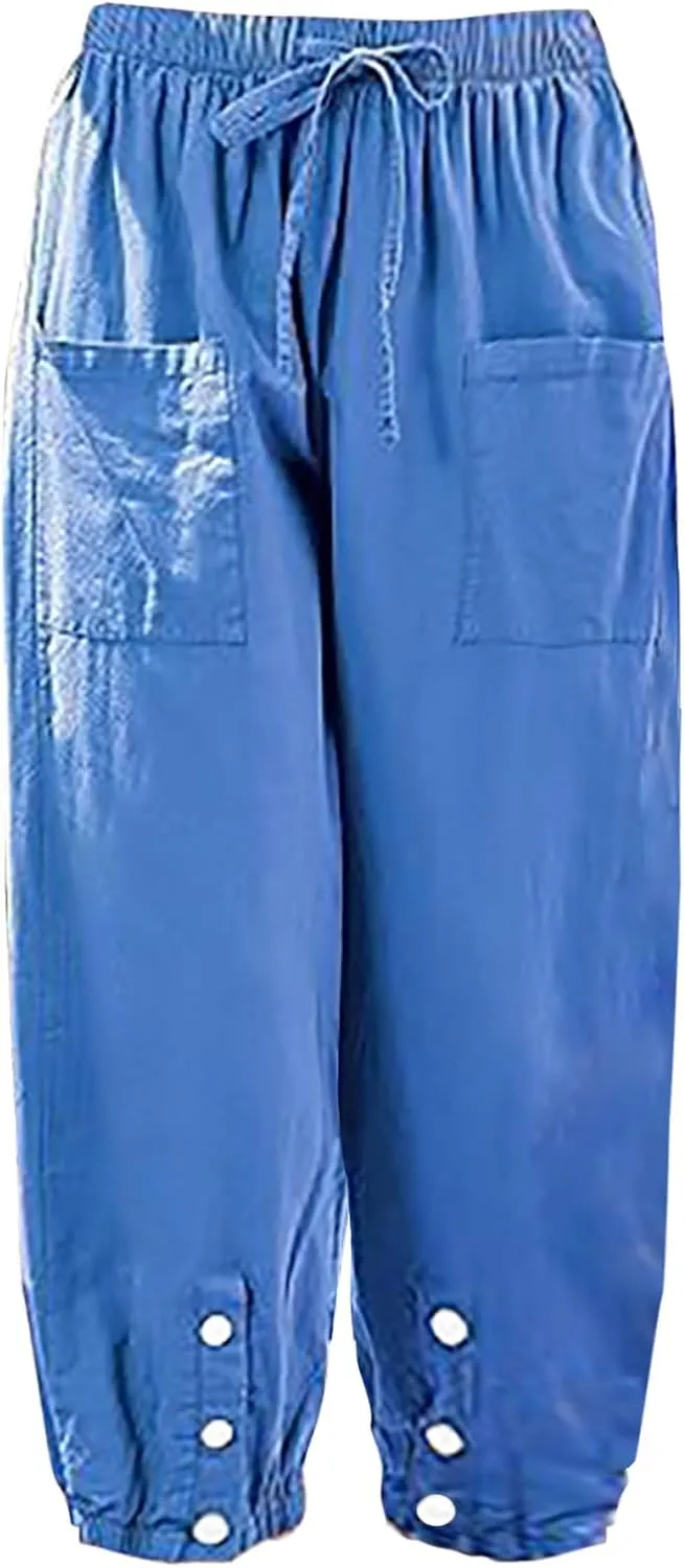 High Rise Linen Pants Women Summer Womens Linen Pant Long Length Tall Womans Drawstring Capris Trousers