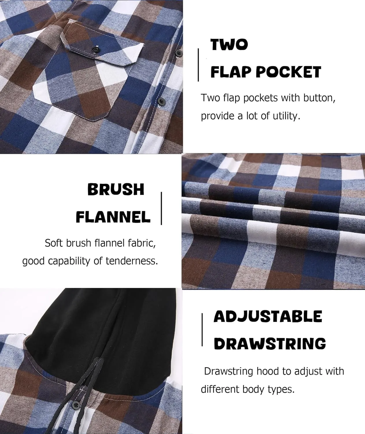 Hooded Flannel Shirt for Men, Lightweight Flannel Jacket Long Sleeve Plaid Causal Button Down Shirts with Pocket