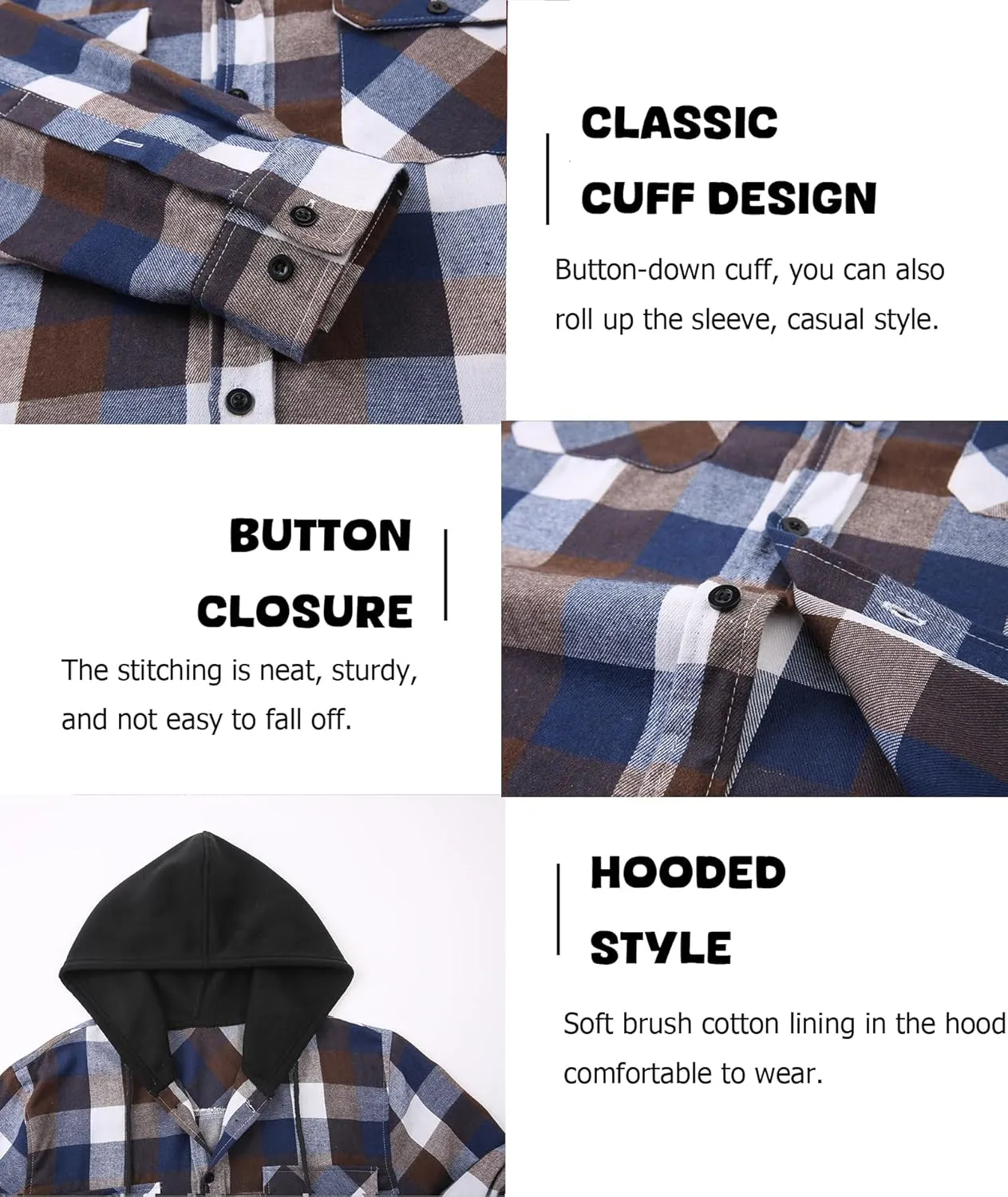 Hooded Flannel Shirt for Men, Lightweight Flannel Jacket Long Sleeve Plaid Causal Button Down Shirts with Pocket
