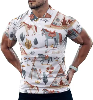 Horses Western Camping Mens Polo Shirts Quick Dry Short Sleeve Golf Slim Fit T Shirt