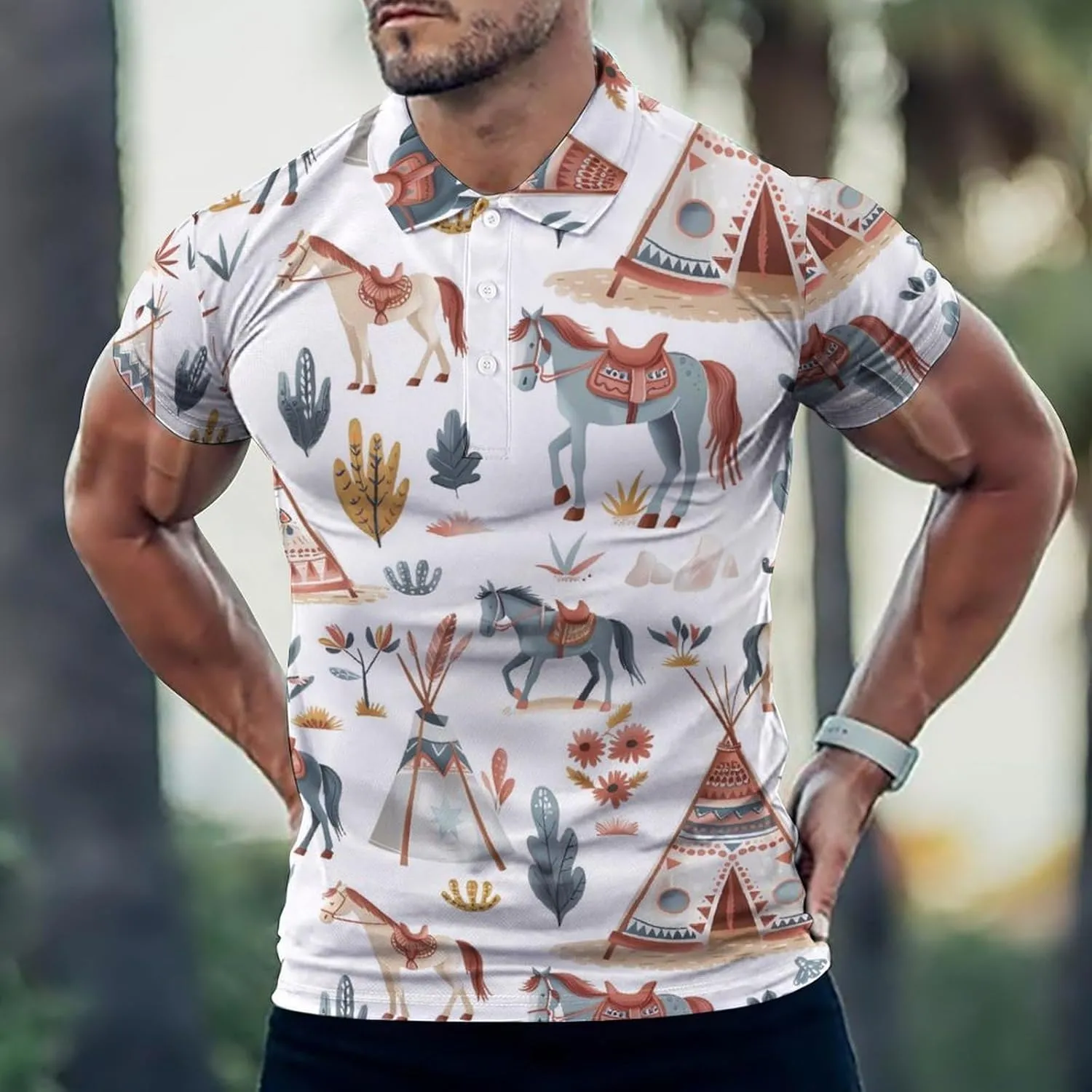 Horses Western Camping Mens Polo Shirts Quick Dry Short Sleeve Golf Slim Fit T Shirt