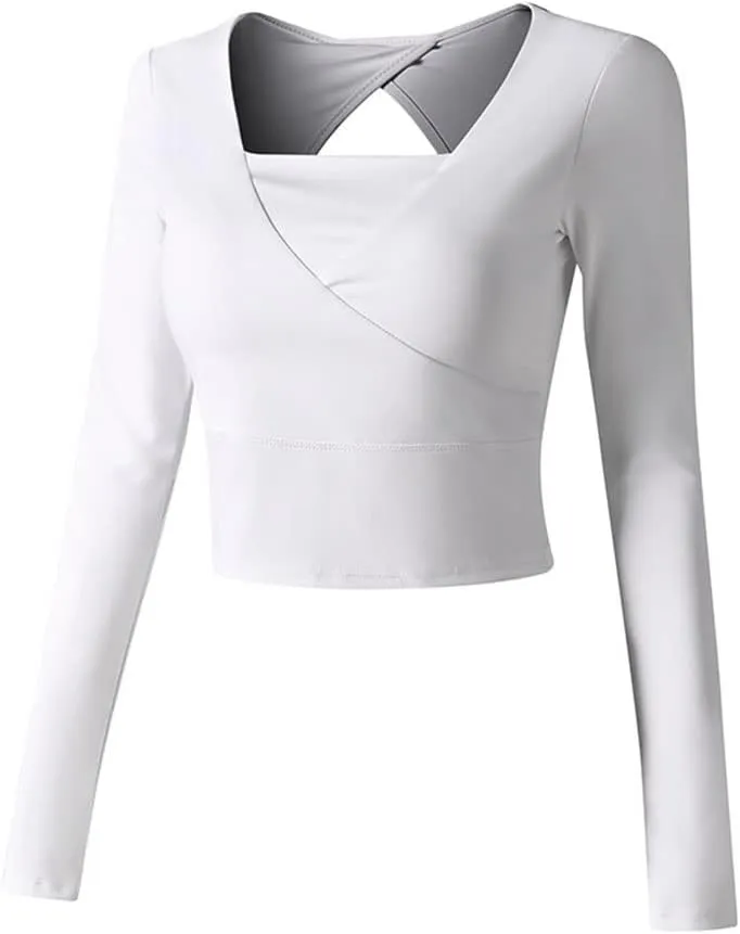 HSQMA Women's Long Sleeve Workout Shirts Backless Yoga Shirt Cross Back Open Shirt Breathable Quick Dry Athletic Shirts (Color : White/, Size : XL/)