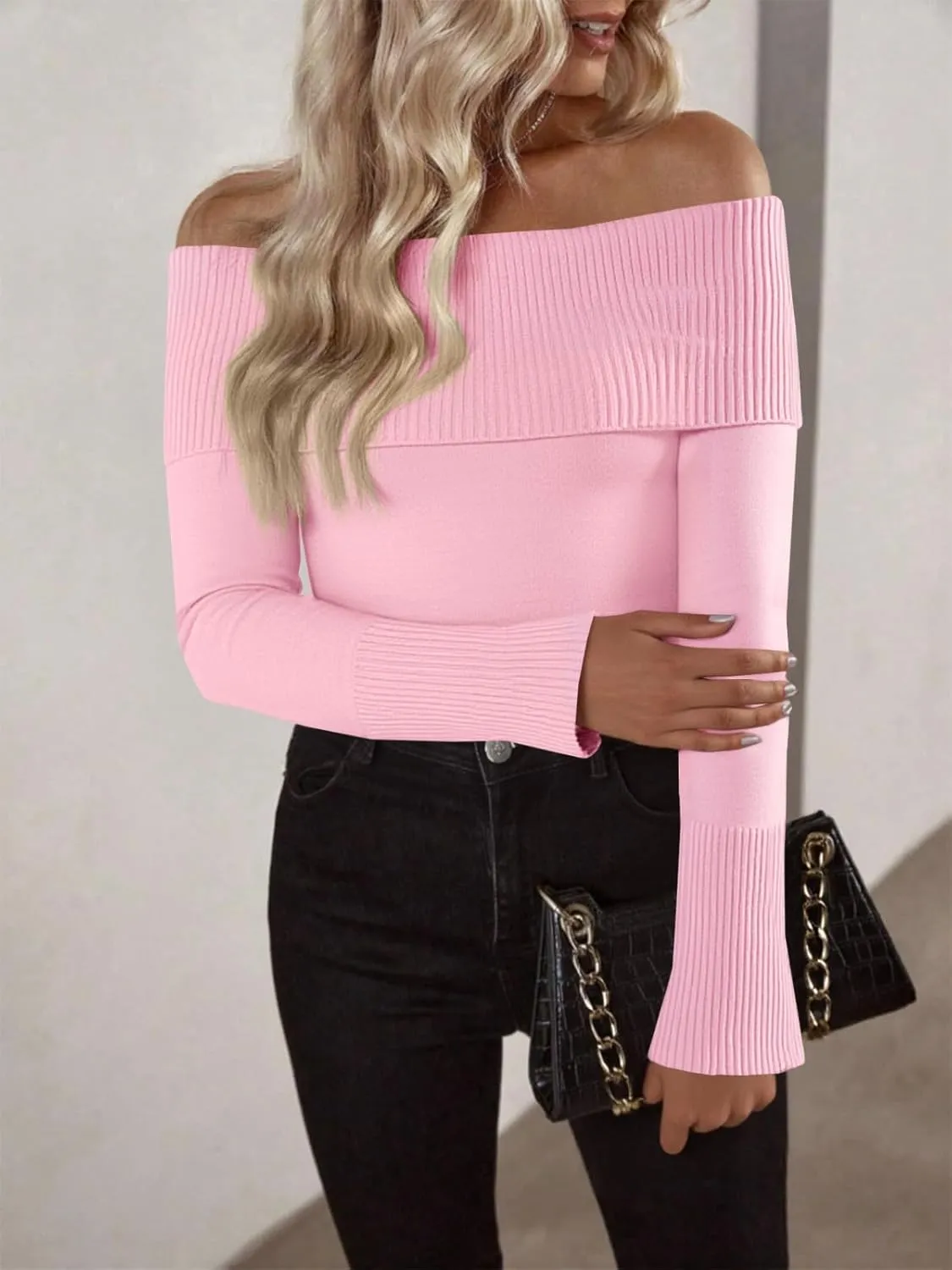 Imily Bela Womens Off The Shoulder Sweaters Casual Long Sleeve Ribbed Knit Slim Fit Y2K Going Out Pullover Tops