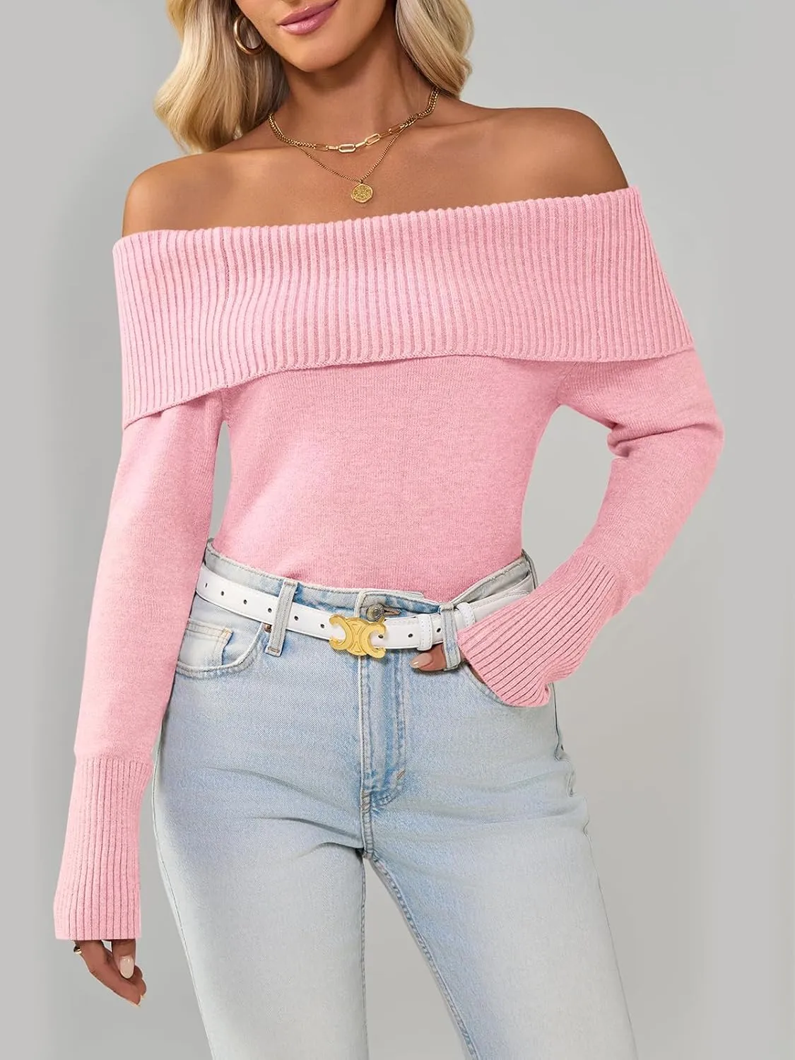Imily Bela Womens Off The Shoulder Sweaters Casual Long Sleeve Ribbed Knit Slim Fit Y2K Going Out Pullover Tops