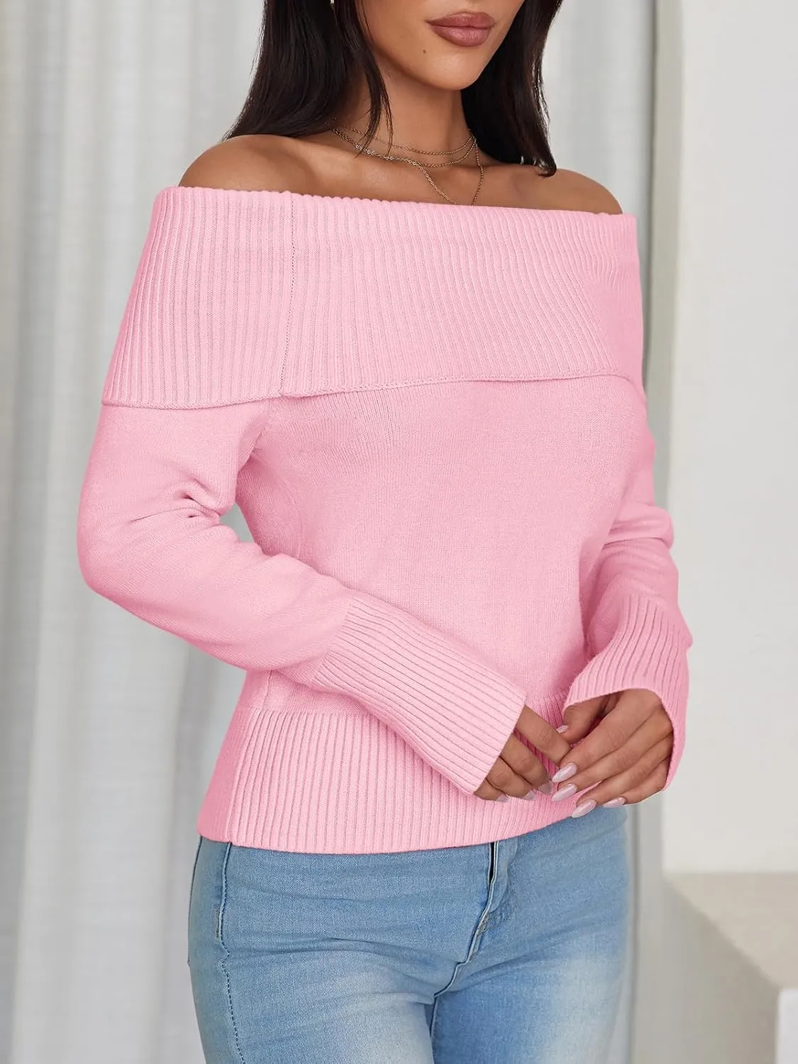 Imily Bela Womens Off The Shoulder Sweaters Casual Long Sleeve Ribbed Knit Slim Fit Y2K Going Out Pullover Tops