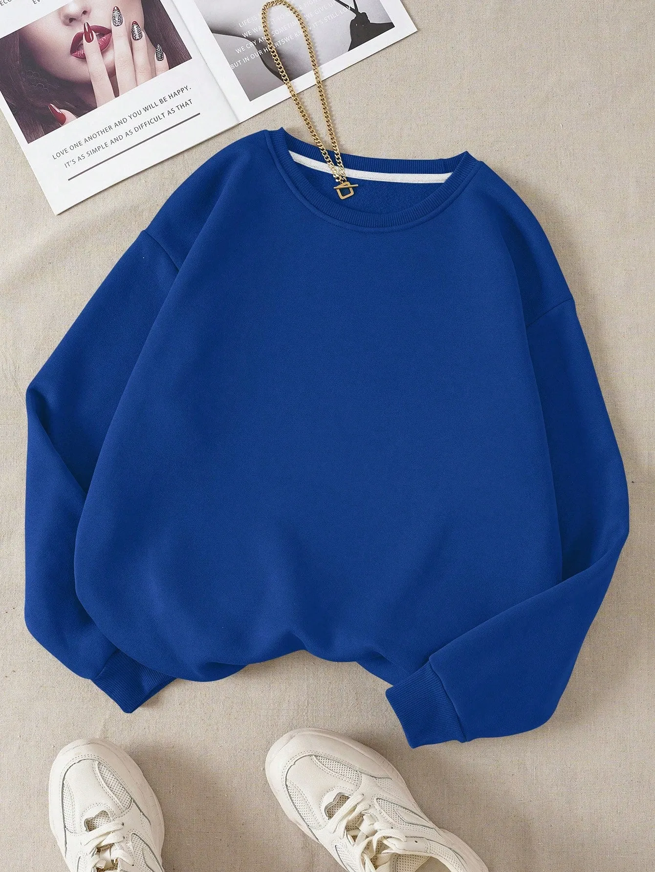 INAWLY Solid Round Neck Thermal Lined Sweatshirt,Long Sleeve Tops