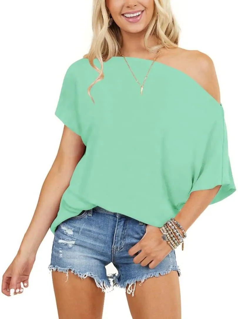 INFITTY Women's Off Shoulder Tops Short Sleeve Casual Loose Batwing Shirts Oversized Blouse Tunic