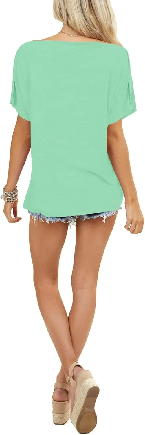 INFITTY Women's Off Shoulder Tops Short Sleeve Casual Loose Batwing Shirts Oversized Blouse Tunic
