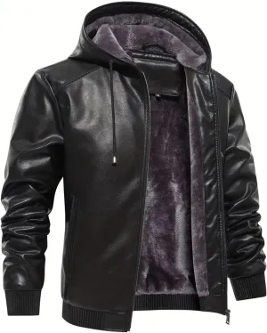 INVACHI Men's Leather Jacket PU Bomber Motorcycle Jacket with Fleece Lined Hood Windproof Winter Coat