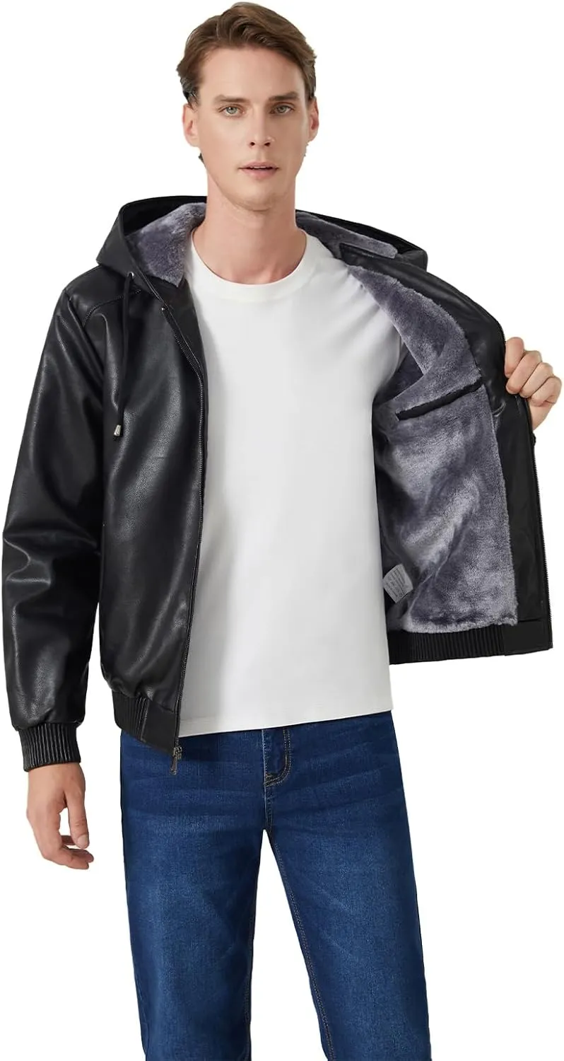 INVACHI Men's Leather Jacket PU Bomber Motorcycle Jacket with Fleece Lined Hood Windproof Winter Coat