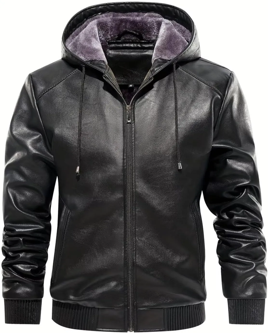 INVACHI Men's Leather Jacket PU Bomber Motorcycle Jacket with Fleece Lined Hood Windproof Winter Coat