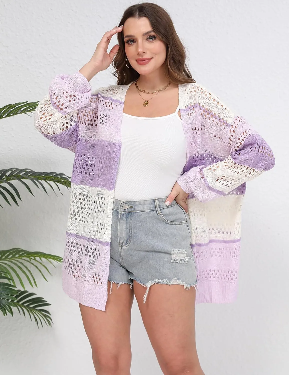 IN'VOLAND Womens Plus Size Crochet Cardigan Kimonos Boho Long Sleeve Oversized Summer Open Front Knitted Sweater
