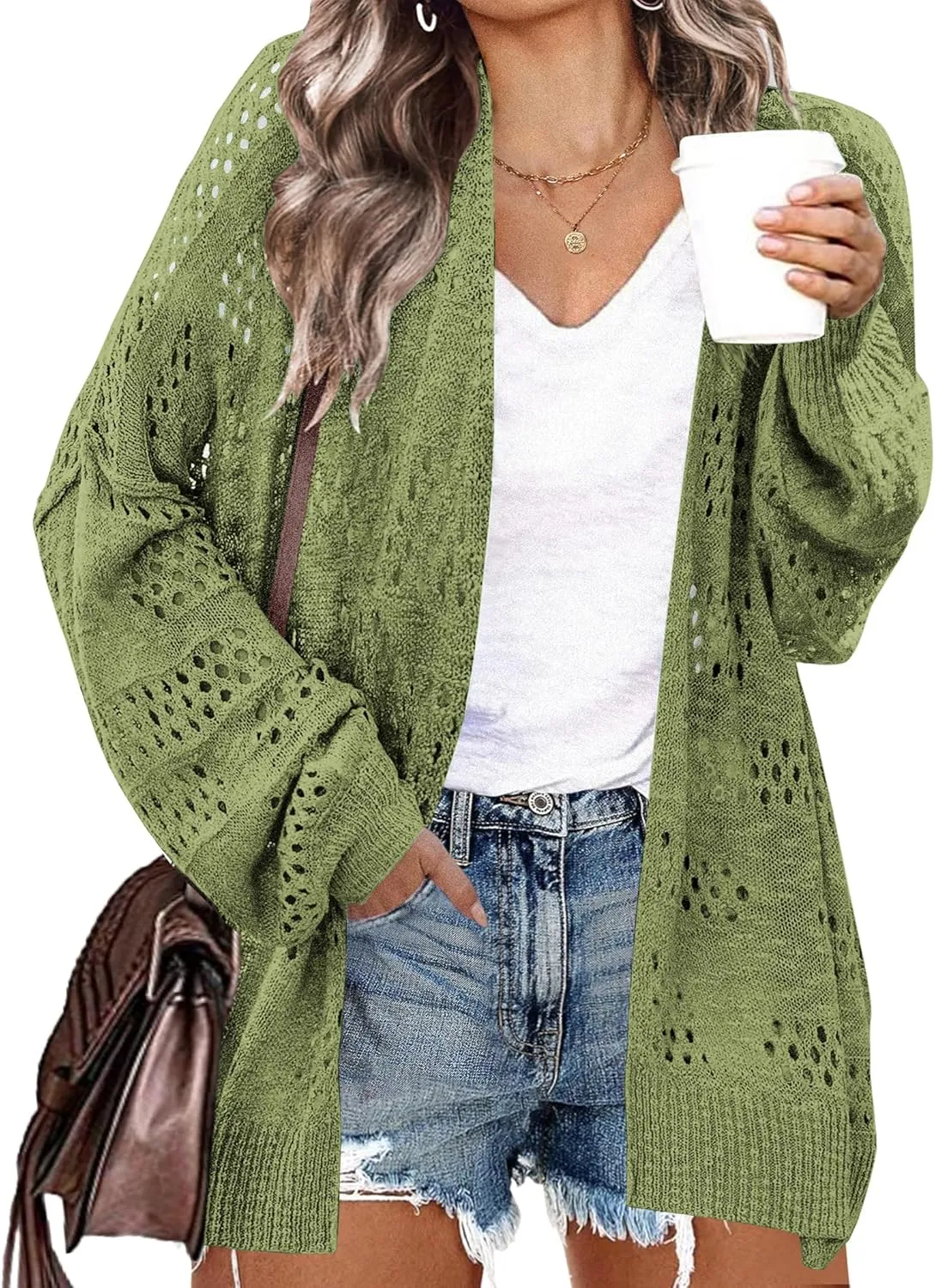 IN'VOLAND Womens Plus Size Crochet Cardigan Kimonos Boho Long Sleeve Oversized Summer Open Front Knitted Sweater