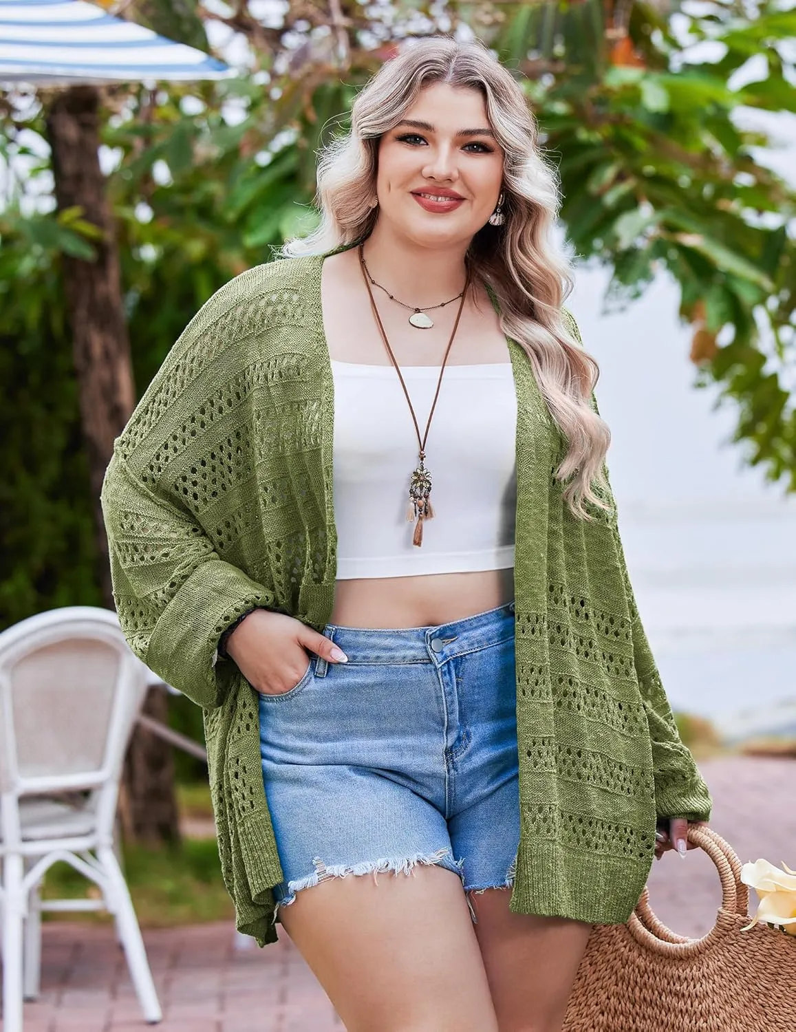 IN'VOLAND Womens Plus Size Crochet Cardigan Kimonos Boho Long Sleeve Oversized Summer Open Front Knitted Sweater