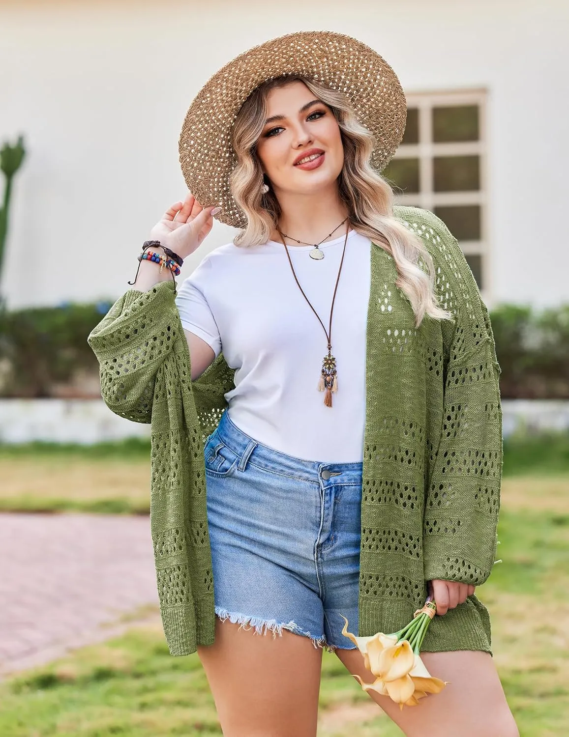 IN'VOLAND Womens Plus Size Crochet Cardigan Kimonos Boho Long Sleeve Oversized Summer Open Front Knitted Sweater