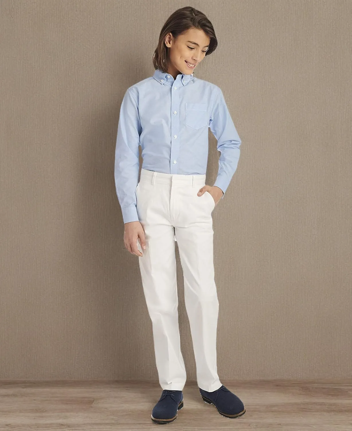 IZOD Boys' Long Sleeve Solid Button-Down Collared Oxford Shirt with Chest Pocket