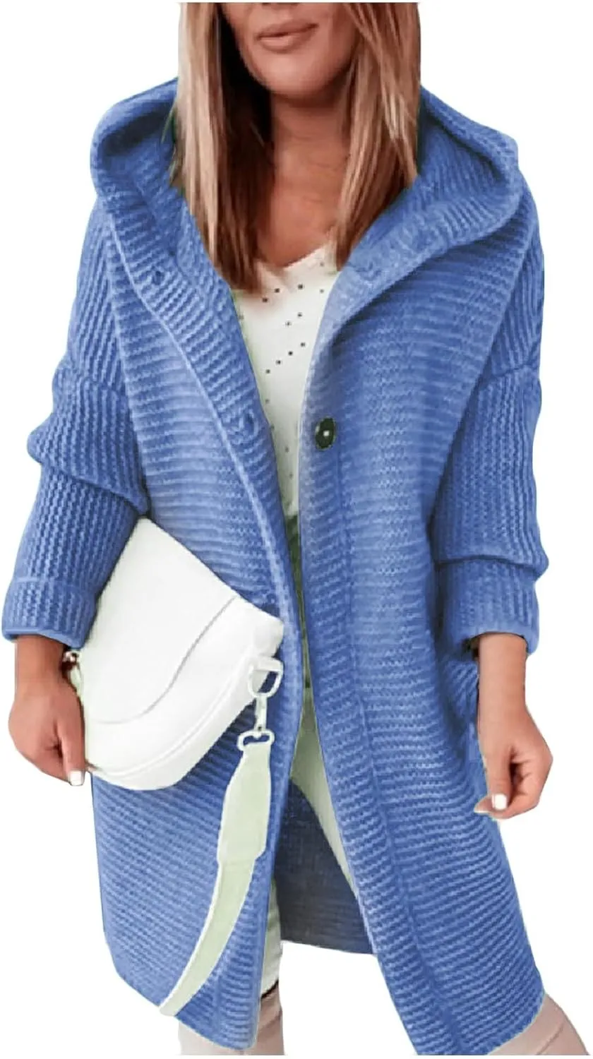 Jackets for Women Hooded Knitted Cardigan Thickened Winter Warm Solid Color Long Sweater Coat