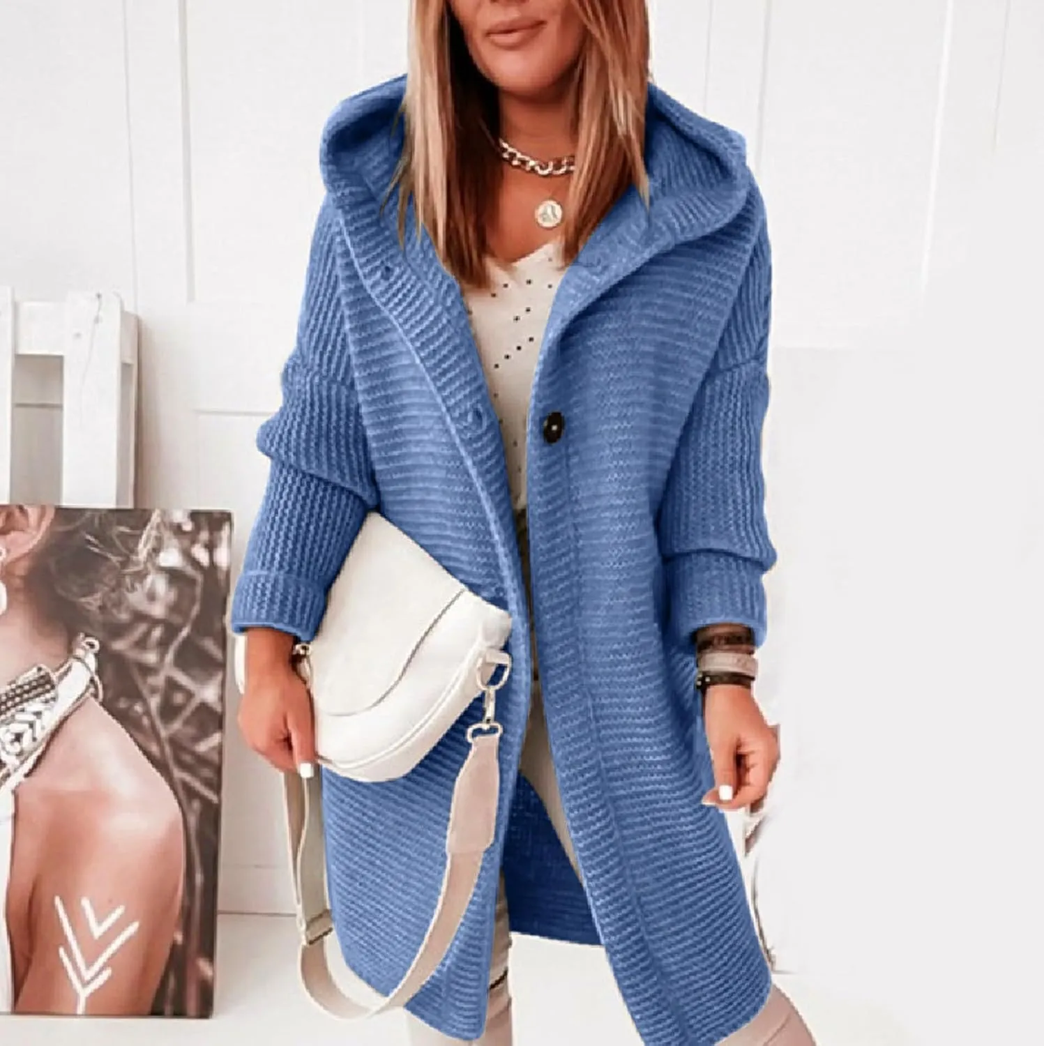 Jackets for Women Hooded Knitted Cardigan Thickened Winter Warm Solid Color Long Sweater Coat