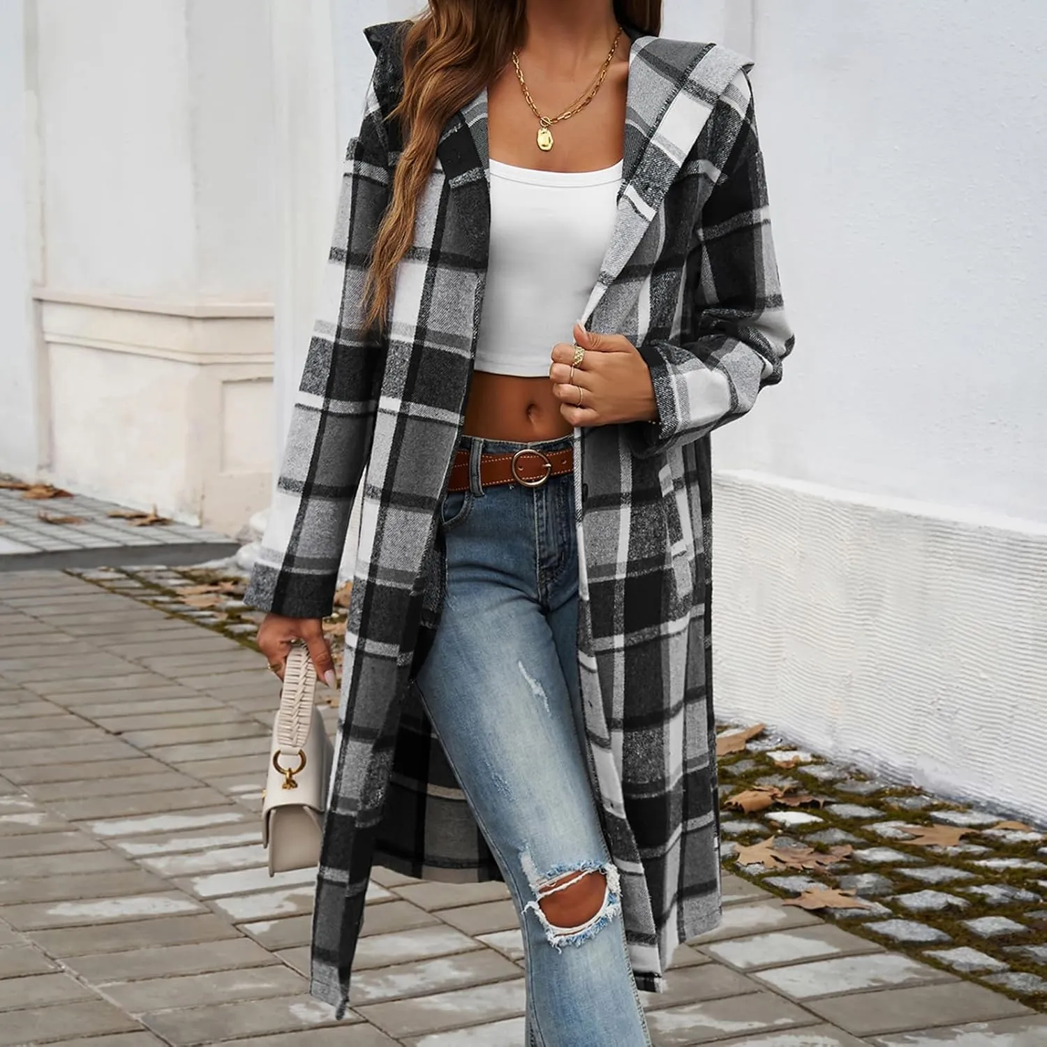 Jade Hare Pea Coat for Women Plaid Jacket Coat Long Hooded Peacoat Shirt Casual Lapel Button Down Flannel Trench Coats
