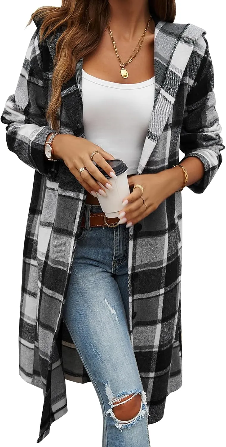 Jade Hare Pea Coat for Women Plaid Jacket Coat Long Hooded Peacoat Shirt Casual Lapel Button Down Flannel Trench Coats