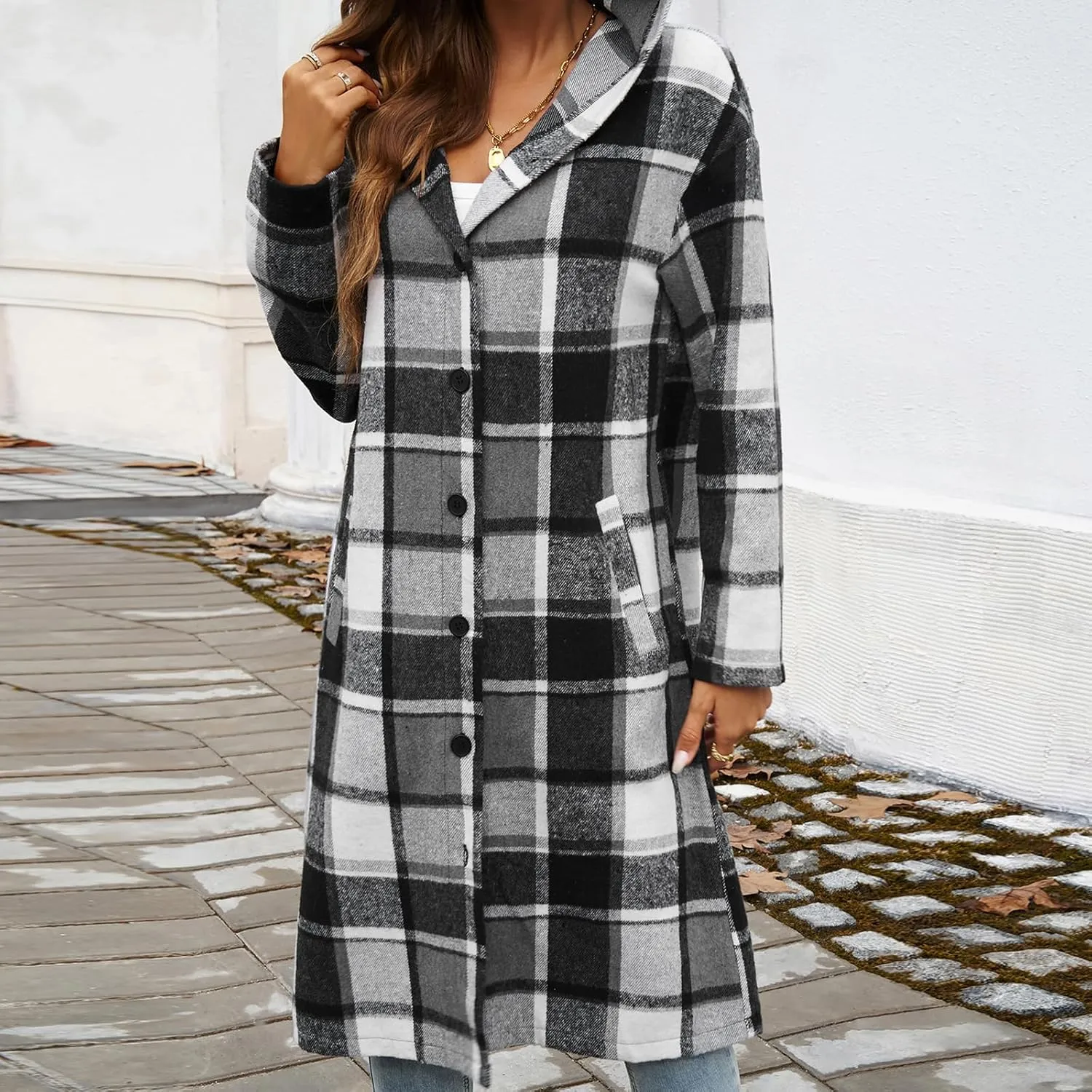 Jade Hare Pea Coat for Women Plaid Jacket Coat Long Hooded Peacoat Shirt Casual Lapel Button Down Flannel Trench Coats