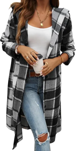 Jade Hare Pea Coat for Women Plaid Jacket Coat Long Hooded Peacoat Shirt Casual Lapel Button Down Flannel Trench Coats