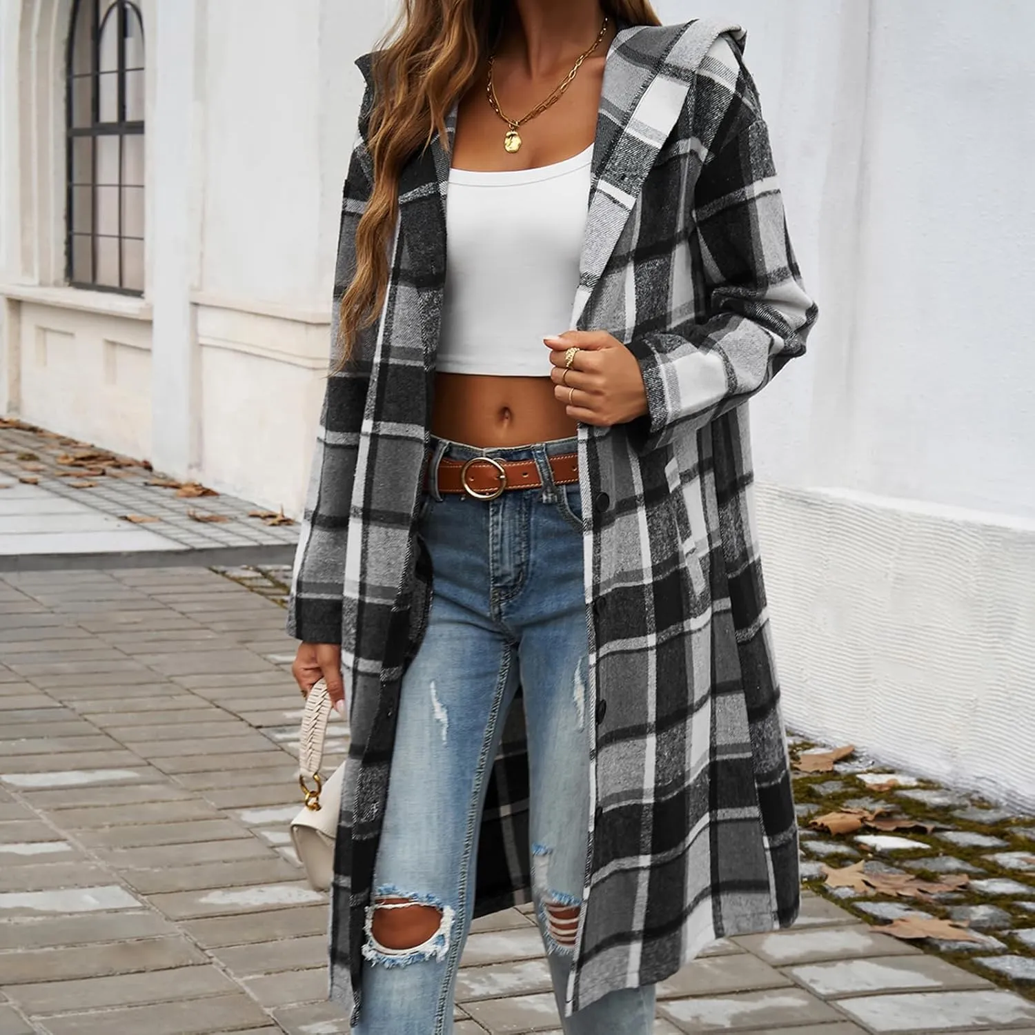 Jade Hare Pea Coat for Women Plaid Jacket Coat Long Hooded Peacoat Shirt Casual Lapel Button Down Flannel Trench Coats