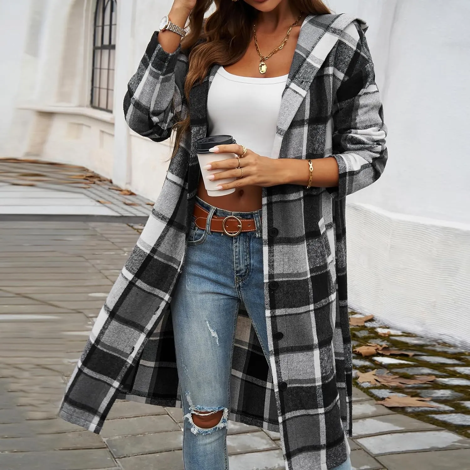 Jade Hare Pea Coat for Women Plaid Jacket Coat Long Hooded Peacoat Shirt Casual Lapel Button Down Flannel Trench Coats