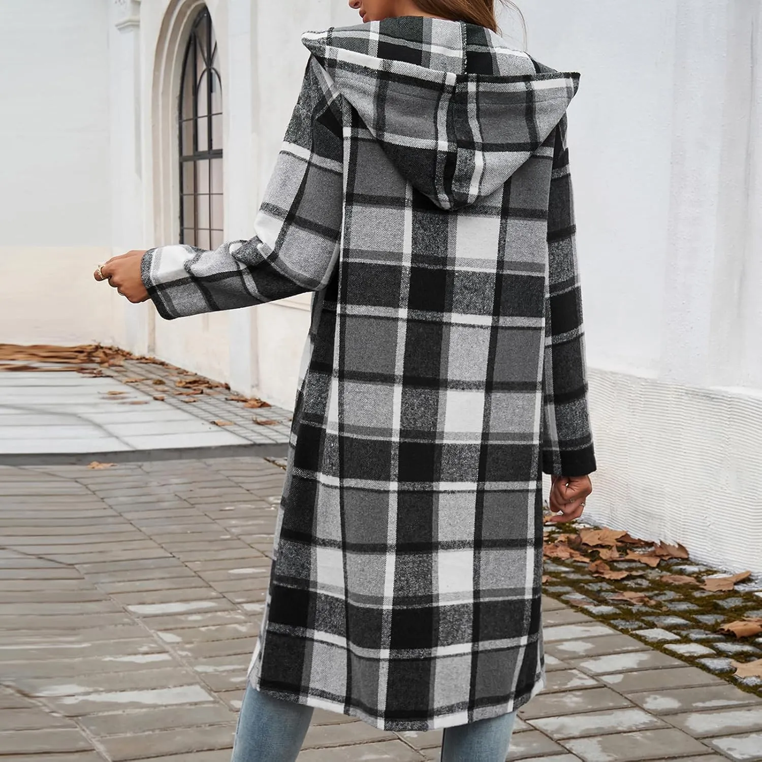 Jade Hare Pea Coat for Women Plaid Jacket Coat Long Hooded Peacoat Shirt Casual Lapel Button Down Flannel Trench Coats