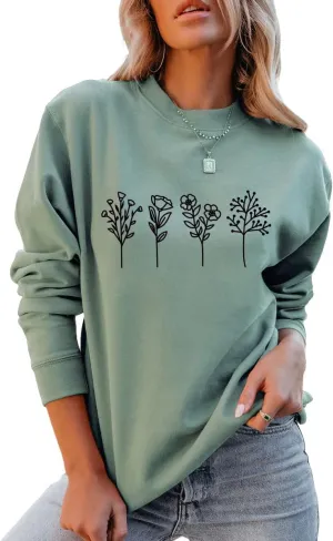 JBF Cloth Flower Sweatshirt Womens 80s Vintage Minimalistic Floral Printed Long Sleeves Sweatshirt Pullovers Tops