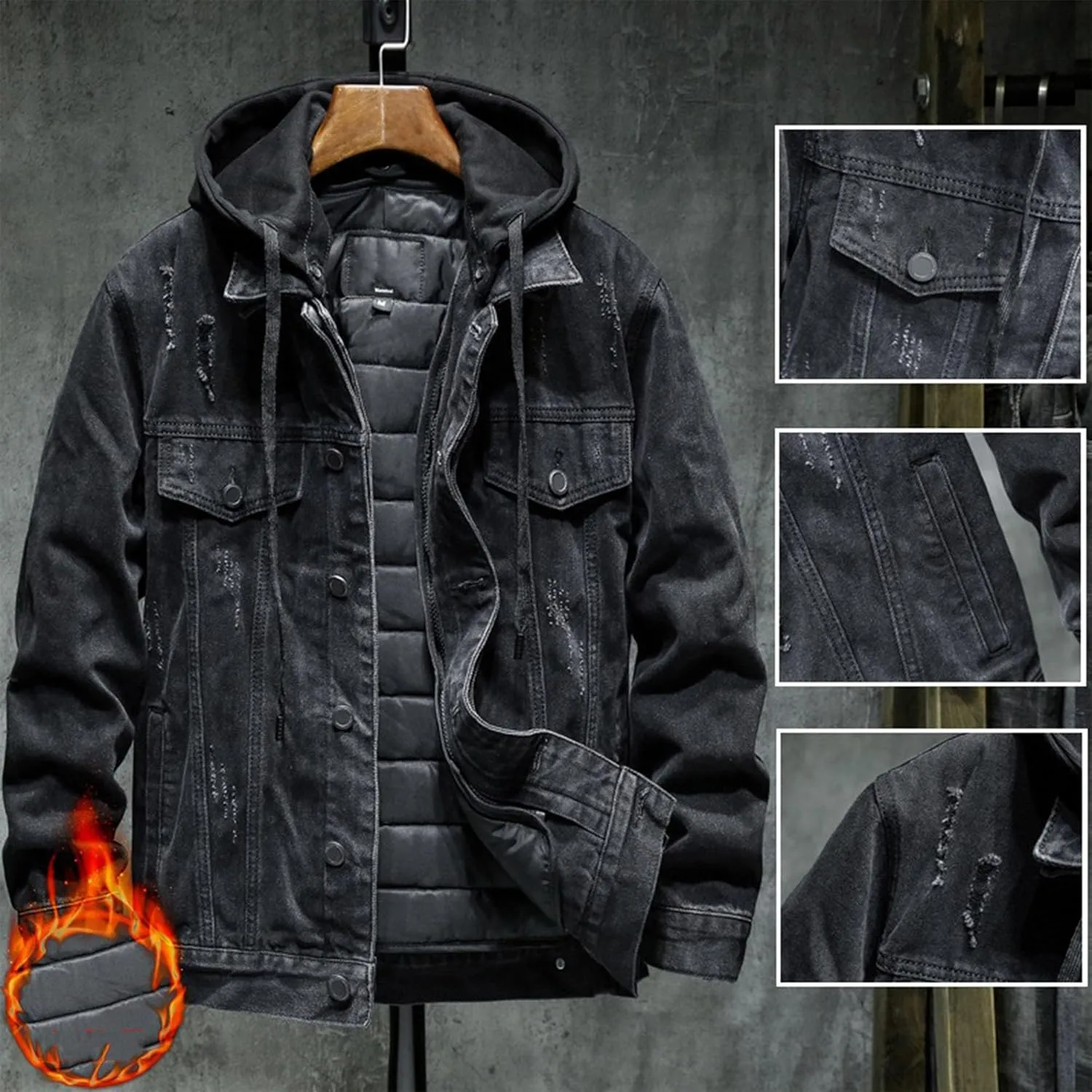 JEKE-DG Men Hoodie Jean Jacket Casual Slim Fit Denim Jacket Casual Long Sleeve Distressed Trucker Outwear with Hood