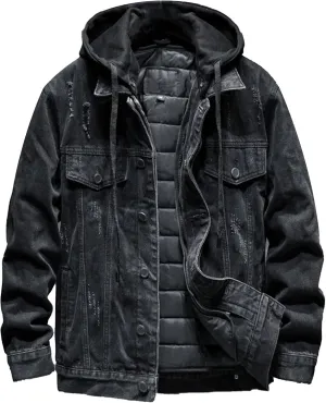 JEKE-DG Men Hoodie Jean Jacket Casual Slim Fit Denim Jacket Casual Long Sleeve Distressed Trucker Outwear with Hood