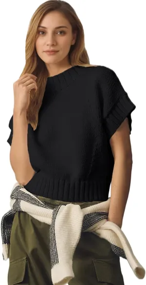 Jenkoon Women's Ultra Soft Fashion Sweater Vest Mock-Neck Extended Shoulder Sweater Vest Cap Sleeve Knit Pullover