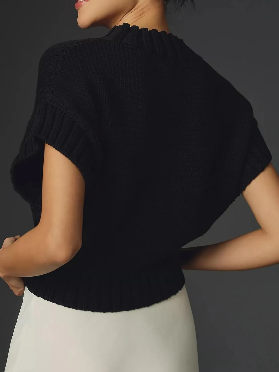 Jenkoon Women's Ultra Soft Fashion Sweater Vest Mock-Neck Extended Shoulder Sweater Vest Cap Sleeve Knit Pullover