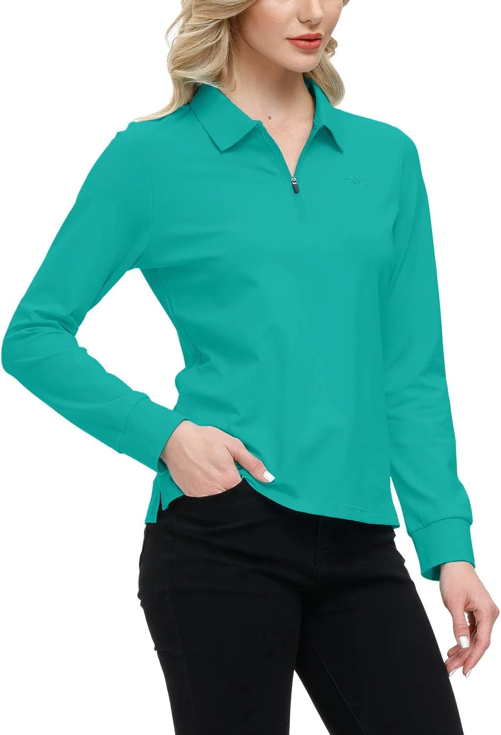 JINSHI Women's Golf Polo Shirt Long Sleeves Zip Up Sport Active Shirts Quick Dry Athletic T-Shirt Casual Tennis Tops Slim Fit