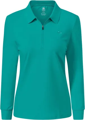 JINSHI Women's Golf Polo Shirt Long Sleeves Zip Up Sport Active Shirts Quick Dry Athletic T-Shirt Casual Tennis Tops Slim Fit