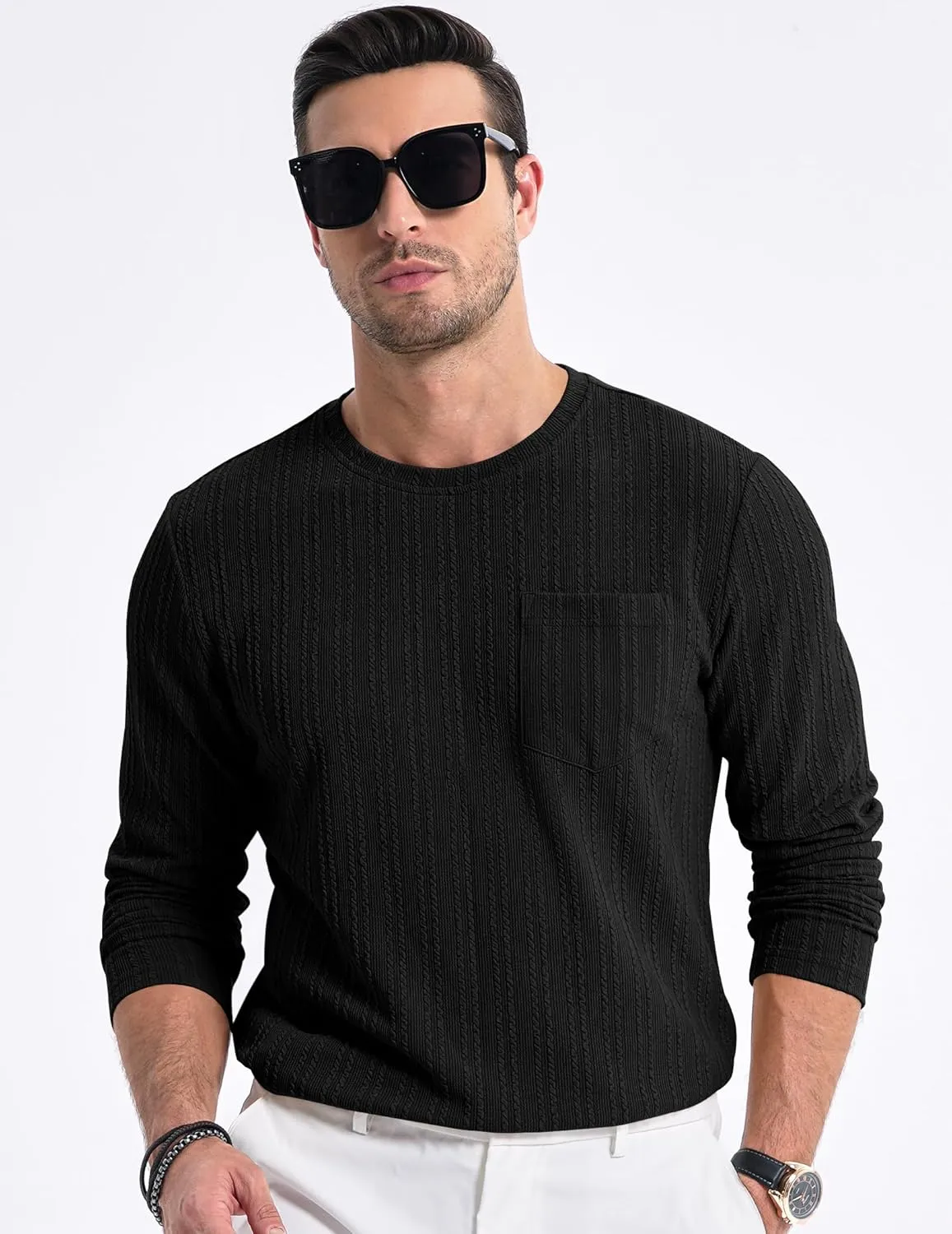 JMIERR Men's Long Sleeve Shirts Casual Crewneck Pullover T-Shirt Stretch Textured Knit Tee with Pocket