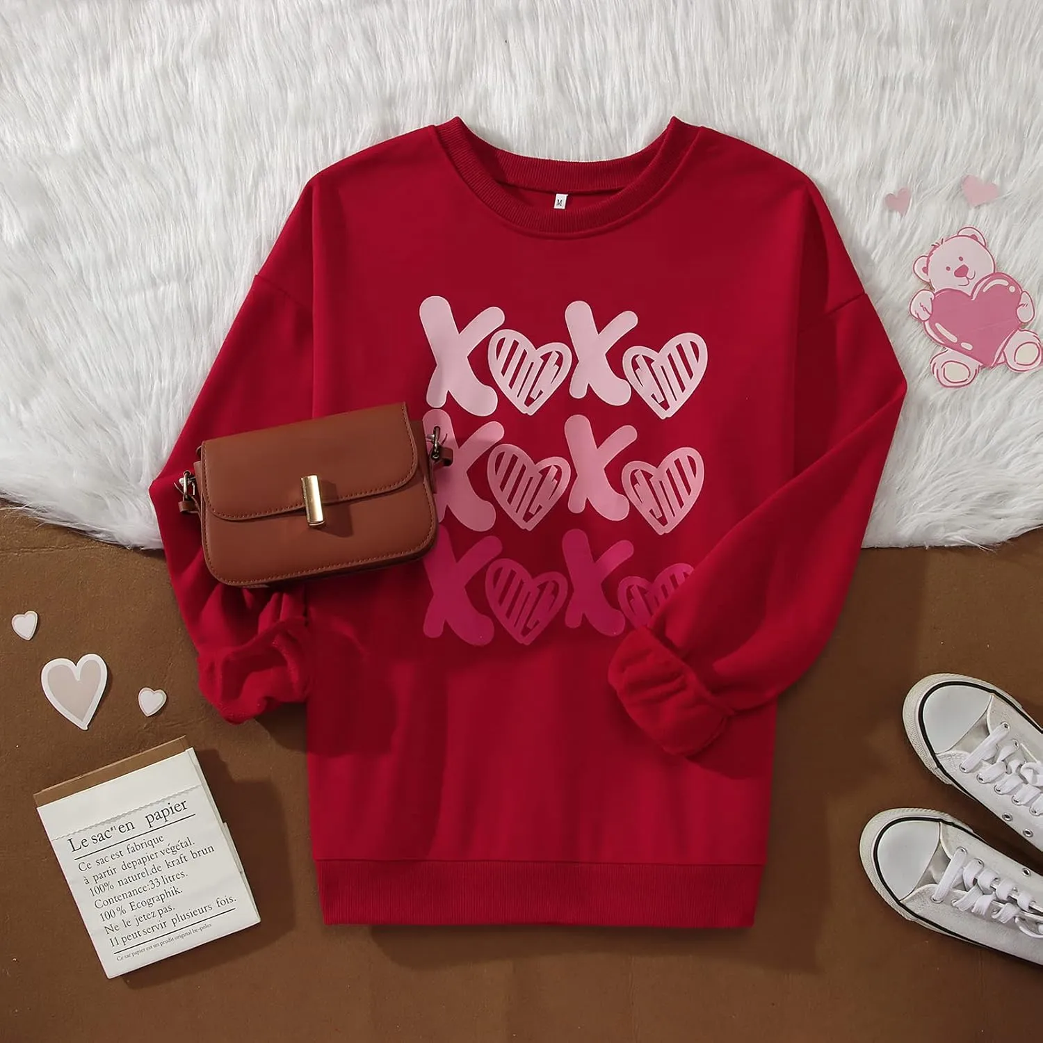 KEKEMI Women Valentine's Day Sweatshirt Retro XOXO Graphic Sweater Simple Heart Printed Shirt Casual Long Sleeve Pullover Top